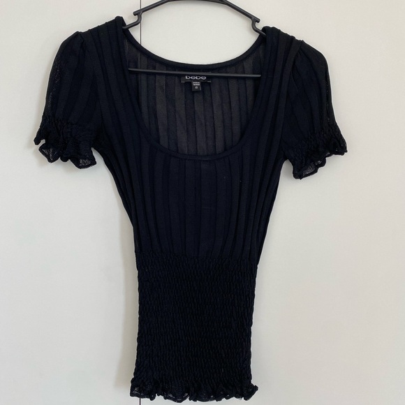bebe Tops - y2k Bebe Black Ribbed Puff Sleeve Smocked Waist Top Size XS